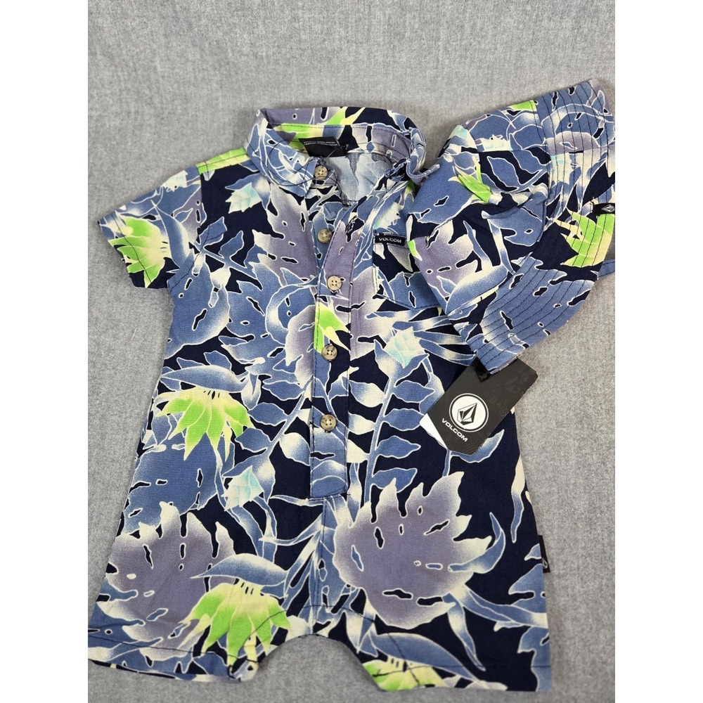 Volcom Infant Boys 3-6 Mos Romper Shorts One Piece‎ & Hat Hawaiian Tropical NEW